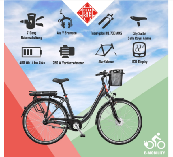 Telefunken RC657 City E-Bike, 7 Gang Shimano Nabenschaltung, Vorderradmotor, anthrazit. – Bild 11