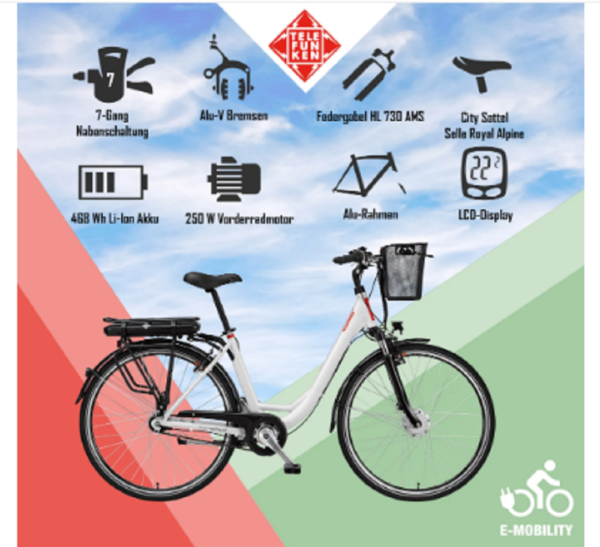 Telefunken RC657 City E-Bike, 7 Gang Shimano Nabenschaltung, Vorderradmotor, weiß. – Bild 6