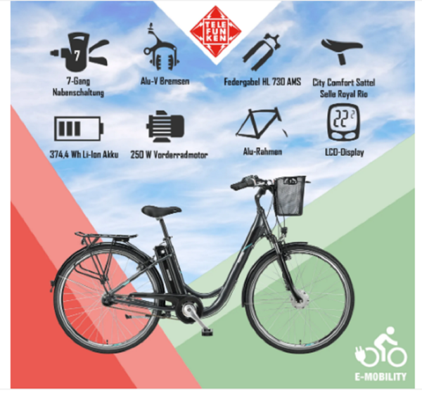 Telefunken RC840 City E-Bike, 7 Gang Shimano Nabenschaltung, Vorderradmotor, anthrazit. – Bild 6