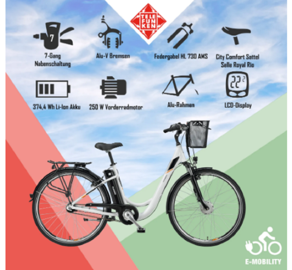 Telefunken RC840 City E-Bike, 7 Gang Shimano Nabenschaltung, Vorderradmotor, weiß. – Bild 5