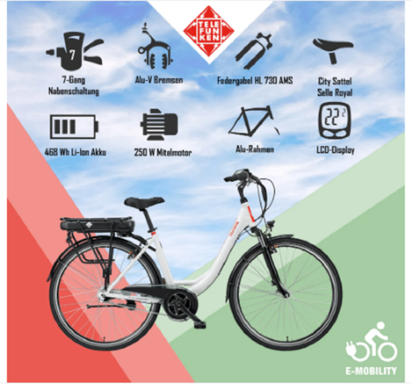 Telefunken RC890 City E-Bike, 7 Gang Shimano Nabenschaltung, Mittelmotor, weiß. – Bild 8